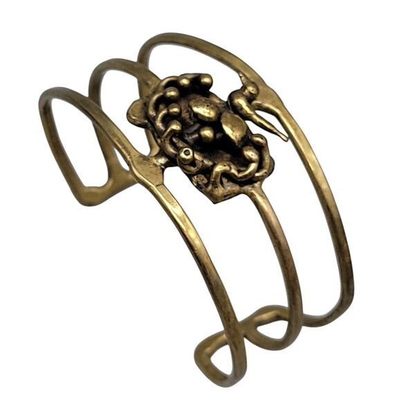 Brutalist Bird Cage Wide Open Cuff Bracelet Vintage 1970s Style Size 6 Gold Tone - Picture 11 of 11